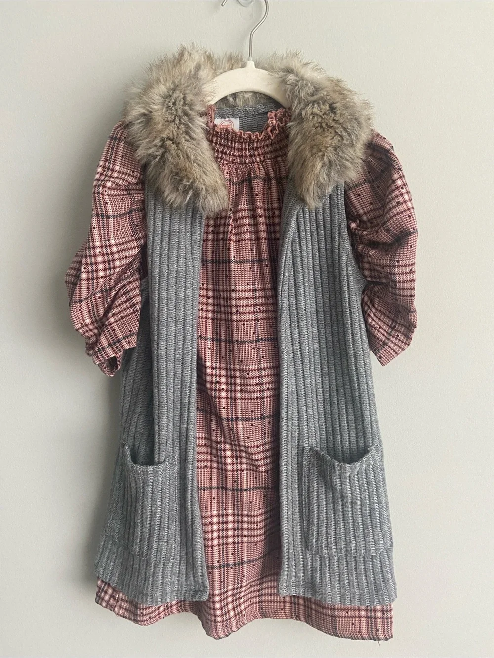 Plaid Smocked Dress with Gray Ribbed Vest and Faux Fur Collar size 6 girls